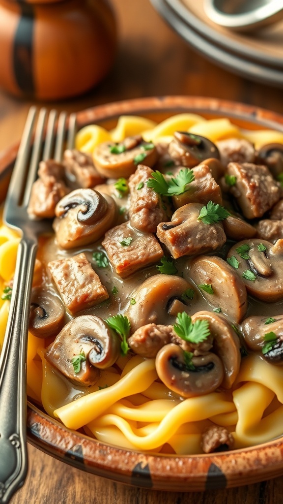 A bowl of beef stroganoff with egg noodles, garnished with parsley, on a wooden table.